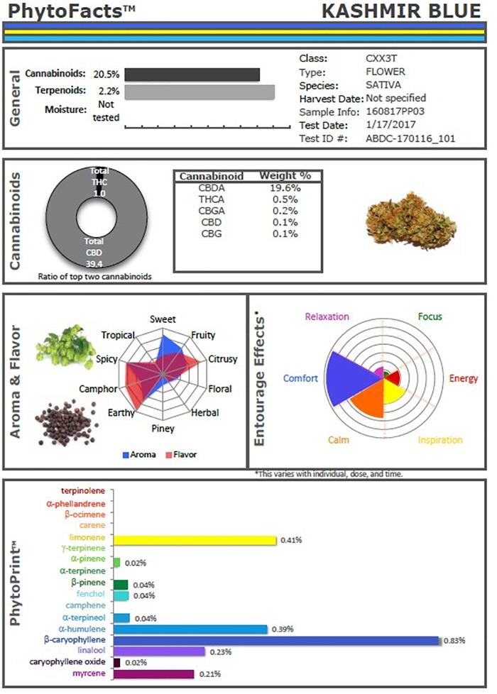 PhytoFactsTM depiction of cannabinoid and terpenoid content of CaryodiolTM, aka “Kashmir Blue,” a Type III, cannabidiol-, and caryophyllene-predominant chemovar. See (Lewis et al., 2018) for details of PhytoFacts and conventional breeding methodology. Copyright© 2016 BHC Group, LLC. All rights reserved. Any unauthorized use of this document or the images or marks above may violate copyright, trademark, and other applicable laws.