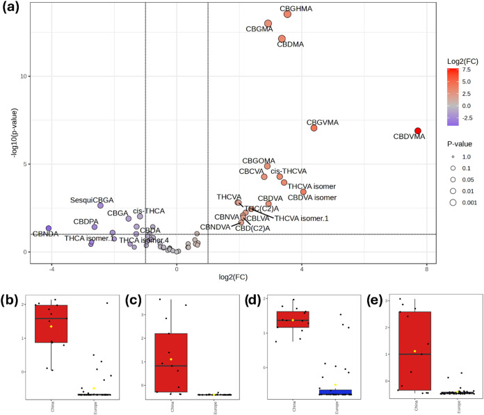Volcano plot analysis using the phytocannabinoids data matrix comparing European vs Chinese cannabis varieties (a). Box and whisker plots of the peak areas of CBDMA (b), CBDVMA (c), CBGMA (d), and CBGVMA (e) in European and Chinese cannabis varieties.