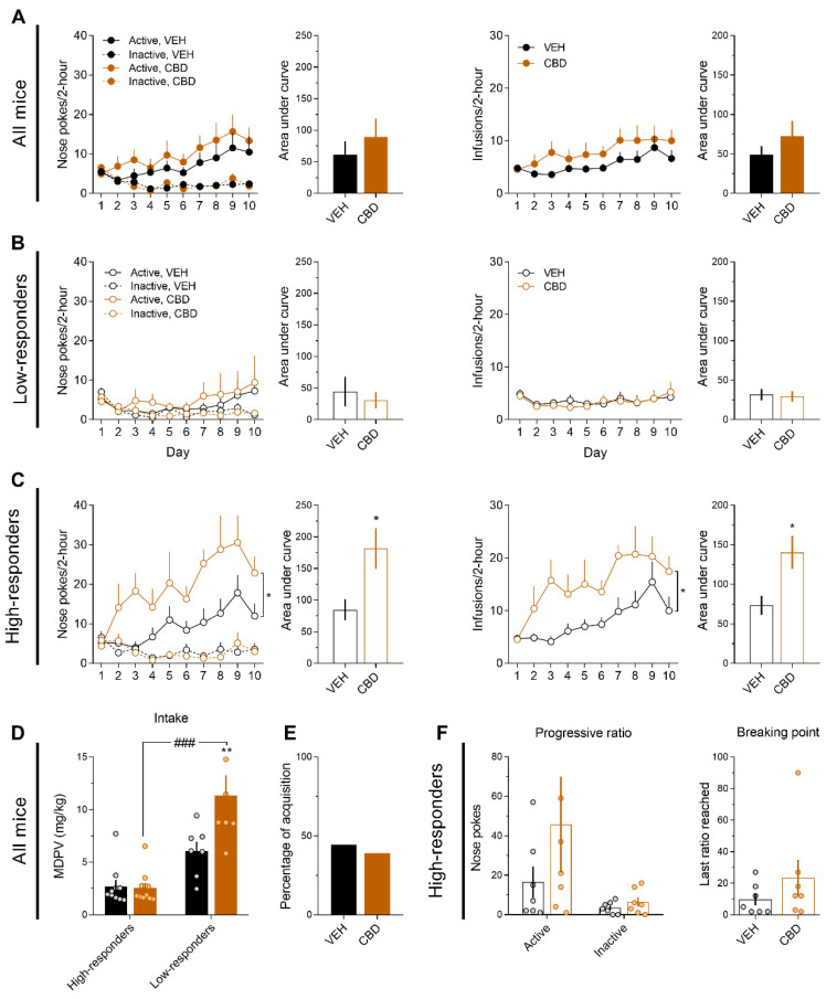 CBD increases MDPV (0.075 mg/kg/infusion) self-administration only for high responder mice. (A) Nose pokes and infusions along the self-administration days and their respective areas under the curve (VEH, n = 17; CBD, n = 18). (B) Nose pokes and infusions along the self-administration days and their respective areas under the curve for low-responders (VEH, n = 10; CBD, n = 11). (C) Nose pokes and infusions along the self-administration days and their respective areas under the curve for high-responders (VEH, n = 7; CBD, n = 7). Three-way ANOVA, * p < 0.05; Two-way ANOVA, * p < 0.05; Student’s t test, * p < 0.05. (D) Total MDPV intake. Bonferroni, ### p < 0.001, ** p < 0.01 vs vehicle low-responders. (E) Percentage of acquisition. (F) Active/inactive nose pokes and breaking point during the progressive ratio test.