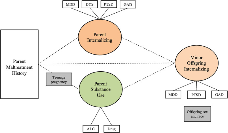 Results of structural equation models testing whether the two-factor parent psychopathology construct (internalizing and substance use) mediates the relationship between childhood maltreatment and minor offspring one-factor internalizing psychopathology construct. Note. Rectangles represent observed variables; ovals represent latent variables on which psychopathology scores have been regressed. Teenage pregnancy was controlled for on the paths leading to parent psychopathology. Offspring sex and race were controlled for on paths leading to the outcome variables. Dotted lines represent non-significant paths. Solid lines represent paths with significant coefficients.