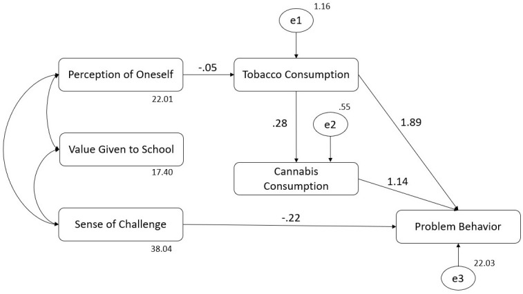 Structural equation model (SEM) with estimated parameters: aspects of school life, tobacco and cannabis consumption, and problem behavior.