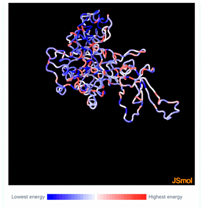 The coloring of the 3D model ranges from blue (the lowest energy level) to red (the highest energy level) on the protein.