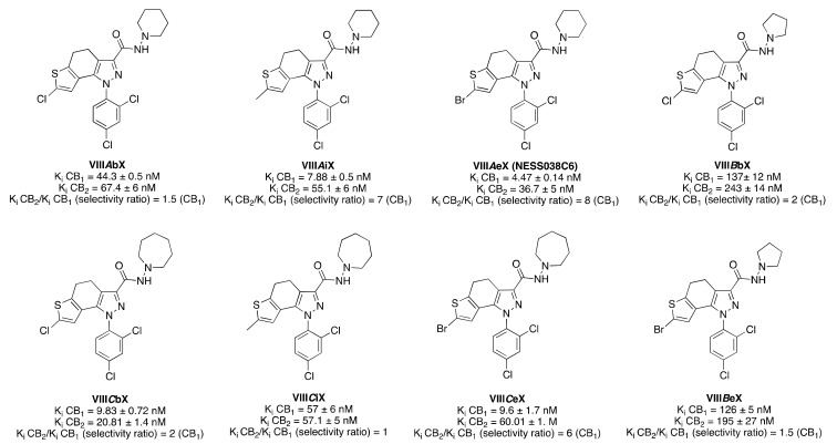 Structure of representative 4,5-dihydro-1H-thieno(2,3-g)indazole-based derivatives (VIII). Affinities at CB1 and CB2 receptors were assessed by competition of (3H)-CP 55,940 in mouse cerebellum membranes and in mouse spleen homogenates, respectively [59].