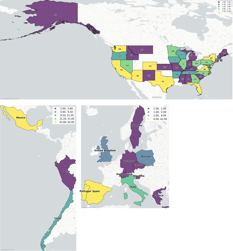 Survey Respondent Locations. Legend indicates range of number of respondents for each color code.