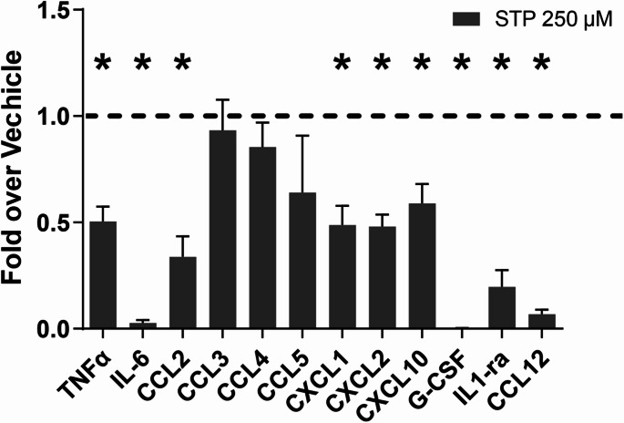 Effect of stiripentol on cyto- and chemokines in microglia. Effect of STP on the release of selected cyto- and chemokines on microglial cells pre-stimulated with LPS (10 μg/mL) for 2 h followed with only STP for 24 h. Cyto- and chemokine levels are expressed relative to their respective vehicle controles, which were normalized to a value of 1. (n = 3) STP stiripentol