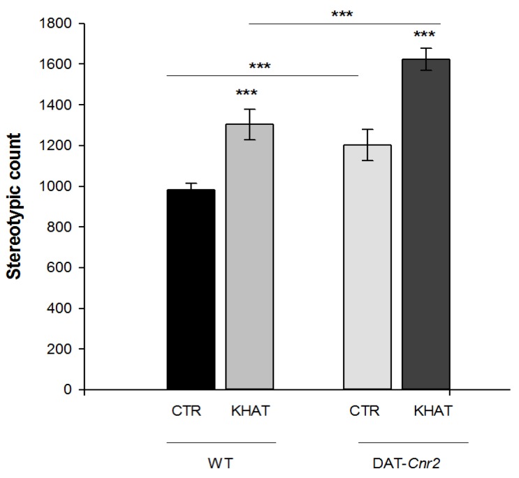 Sub-acute effect of khat extract on stereotypic count in the activity monitor apparatus in wild type (WT) and DAT-Cnr2 mice. Values are mean ± SEM (n = 6 in each group). Statistical analysis was done using student t-test. *** p < 0.001. CTR (control group received the vehicle), KHAT (treatment group received khat extract in a dose of 300 mg/kg). CTR (control group received the vehicle), KHAT (treatment group received khat extract in a dose of 300 mg/kg). The vehicle and khat extract were administered to mice once daily for seven consecutive days.