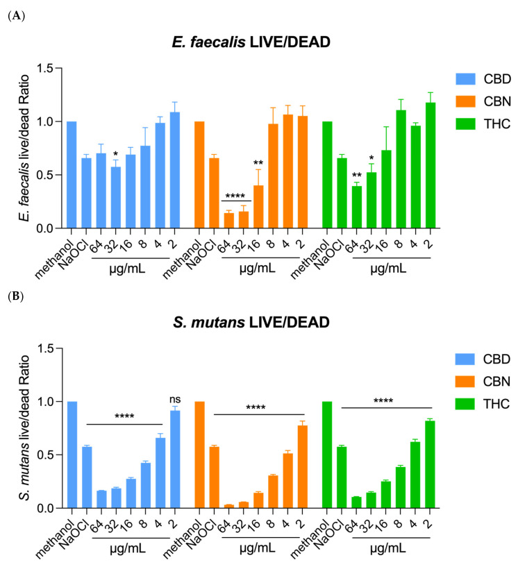 Result of live/dead analysis for evaluating effect of CBD, CBN, and THC on biofilm viability. (A) For E. faecalis, an increase in all cannabinoid concentrations caused a decrease in biofilm viability. (B) For S. mutans, an increase in all cannabinoid concentrations caused a decrease in biofilm viability. One-way ANOVA followed by Dunnett’s post hoc test. **** p < 0.0001; ** p< 0.01; and * p < 0.05. ns, not significant.