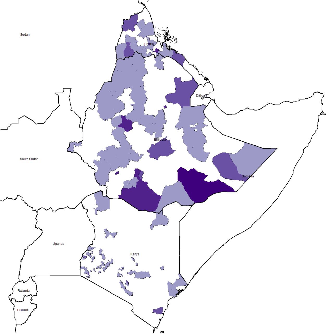 Start locations in neighbouring countries to Djibouti and Somalia. 50 samples were taken per country where a darker colour implies that district was sampled at a higher frequency.