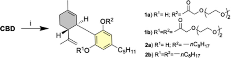 Synthesis CBD conjugates. For 1a,b, i) 2-[2-(2-methoxyethoxy)ethoxy]acetic acid (1.1 or 2.2 eq.), DCC, DMAP, CH2Cl2, 12 h, rt. For 2a,b, i) CBD, 1-bromooctane (1.5 or 3.0 eq.), K2CO3, acetone, 12 h, rt