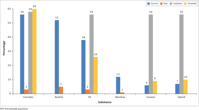 Bar chart showing current and past substance use history, percentage of those tested for substances and positive test results on those who had urine drug testing.