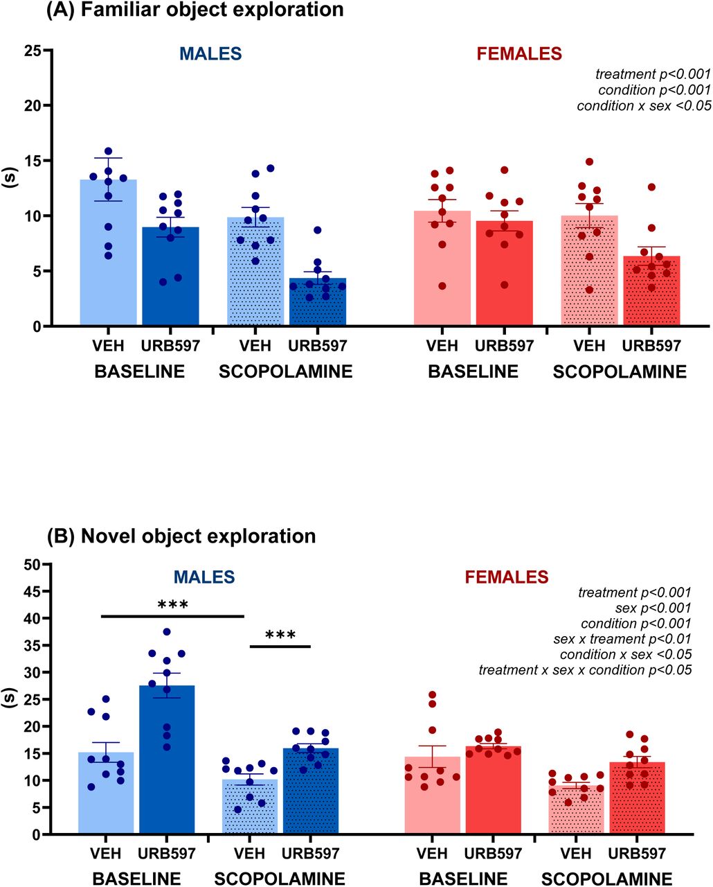 Effects of FAAH inhibition by URB597 on recognition memory in the NOR test under baseline conditions and scopolamine challenge. Time spent exploring familiar (A) and novel (B) objects in male and female rats treated with vehicle (VEH) or URB597 (0.3 mg/kg, i.p.) under baseline conditions and after scopolamine administration (0.5 mg/kg, i.p.). Results are expressed as dot plots, with each dot representing an individual subject and bars indicating mean ± SEM. Statistical analysis as revealed by repeated-measures ANOVA was performed with condition (baseline vs. scopolamine) as a within-subject factor and treatment and sex as between-subject factors. ***p < 0.001.