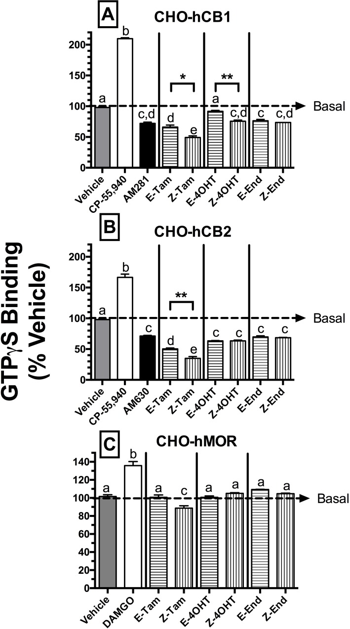 SERM isomers reduce basal G-protein activity via CB1 and CB2Rs.The ability of SERMs to modulate basal G-protein activity via [A] CB1R, [B] CB2R and [C] MORs was evaluated by examining [35S]-GTPγS binding in the presence or absence of a receptor-saturating concentration (10 μM) of all compounds. G-protein modulation by full agonists CP-55,940 (10 μM) and DAMGO (10 μM) was examined to serve as positive controls for activation of [A-B] CBRs and [C] MORs, respectively. G-protein modulation by the inverse agonists AM-281 and AM-630 was examined to serve as positive controls for regulation of [A] CB1 and [B] CB2R signaling. The mean ± SEM of [35S]GTPγS binding is presented as percent of G-protein activity in the presence of vehicle. a,b[35S]GTPγS binding produced by individual SERMs acting at hCB1 [A], hCB2 [B] or hMOR [C] receptors designated by different letters above bars, is significantly different (P<0.05, one-way ANOVA; Tukey Post-hoc test). *,**Bar graphs comparing E and Z isomers of individual SERMs that are designated by asterisks, are significantly different from activity at respective receptors (P<0.05, 0.01; student’s t-test).