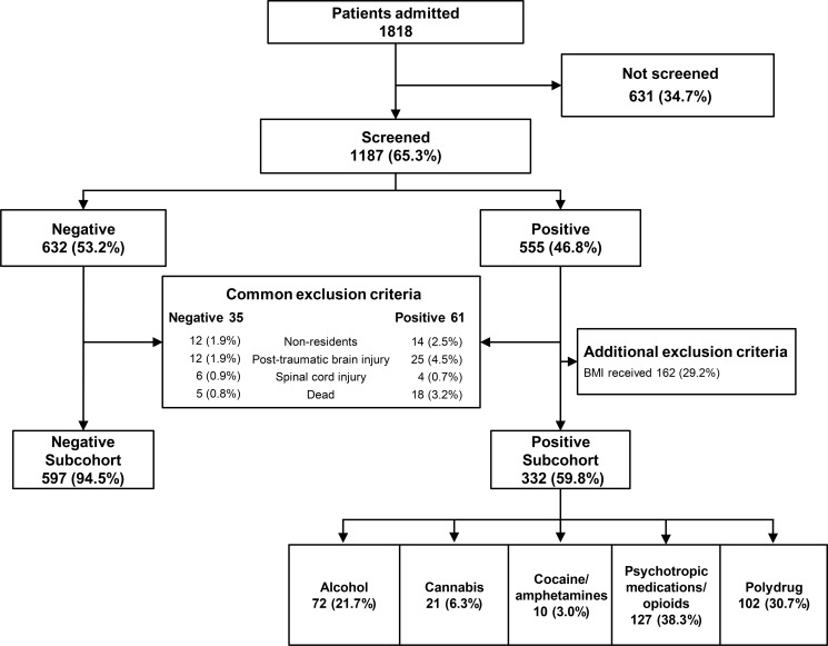 Flowchart of the distribution of patients.Patients admitted between 16 and 70 years old. BMI: Brief Motivational Intervention. Cocaine/amphetamines: positive for cocaine, amphetamines, and/or methamphetamines. Psychotropic medications/opioids, positive for benzodiazepines, tricyclic antidepressants, barbiturates, and/or prescribed opioids. Polydrug: positive for any combination of substances in the above groups.