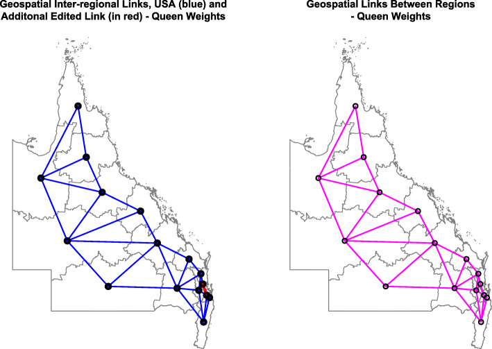 Geospatial Links Between regions – (a) Edited and (b) Final. Maps were drawn using R package “sf” [15]