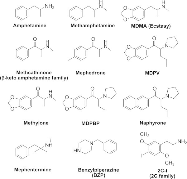 Representative chemical structures of amphetamine-type drugs. Abbreviations: MDMA, 3,4-methylenedioxy-N-methamphetamine; MDPV, 3,4-methylenedioxypyrovalerone; MDPBP, 3′,4′-methylenedioxy-α-pyrrolidinobutiophenone. Additional descriptions of compounds are in Additional file 1.