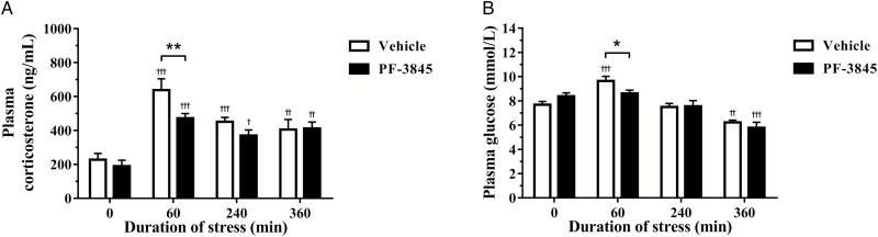 The effect of the fatty acid amide hydrolase inhibitor, PF-3845 (5 mg/kg, i.p. injection), on plasma (A) corticosterone and (B) glucose levels from control and stressed rats (n=5–7/group). Plasma corticosterone and glucose concentration was determined in blood samples collected via tail-tipping from rats exposed to 0 (control), 60, 240, and 360 minutes of acute restraint stress. Data are presented as mean±SEM. †P<.05, ††P<.01, and †††P<.001 vs vehicle-treated group at 0 (control) minute; *P<.05 and **P<.01 between vehicle- and PF-3845-treated groups at each respective time-point.