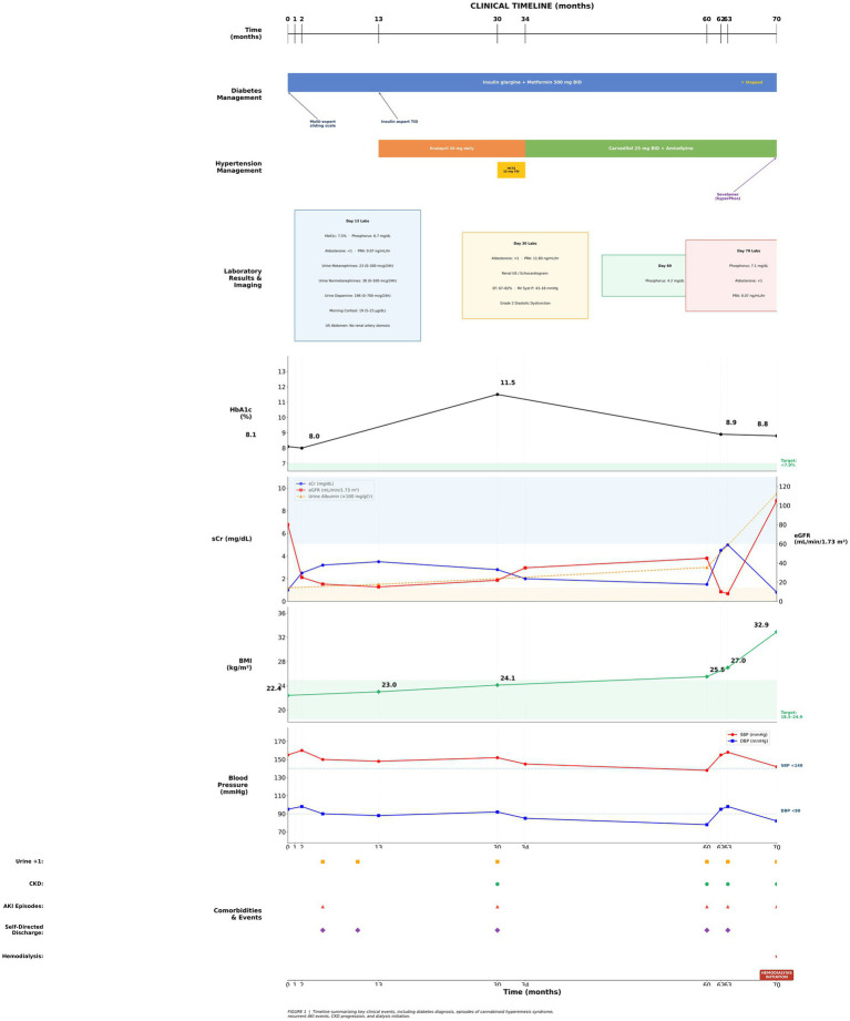 Clinical timeline chart showing diabetes, hypertension, and renal management interventions over 70 months, with trends for HbA1c, serum creatinine, BUN, eGFR, BMI, and blood pressure, plus key clinical events and hemodialysis initiation.