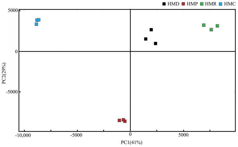 PCA analysis graph of volatile compounds in four hempseed fermented milk samples.
