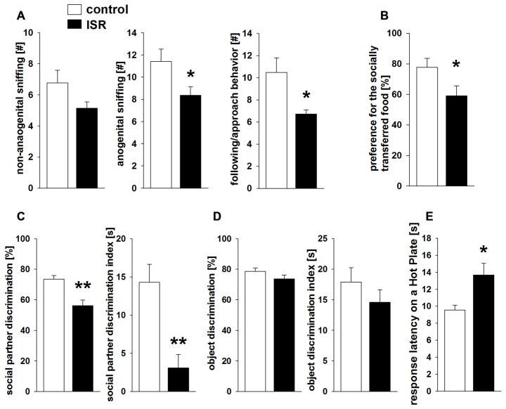 Behavioral performance in adult rats after adequate (control) or ISR experiences in adolescence. During social interaction testing (A) anogenital sniffing and following/approach behavior were significantly reduced in ISR rats. Similarly, rats of the ISR condition showed a deficient performance in the social food transfer task and showed a decreased preference for the socially transmitted food source. (B) The ability to recognize social partners was significantly affected in ISR rats, as indicated by a decrease in % discrimination and the discrimination index compared to controls. (C) Object recognition abilities (% discrimination or discrimination index) did not differ between females of either rearing condition. (D) Pain sensitivity to a thermal stimulus measured in adult rats of the control and the ISR condition (E) showed higher response latency on the hot plate in ISR rats, indicating significantly decreased pain sensitivity. Data are indicated as means ± SEM (control: n = 18; ISR: n = 15; object recognition: control/ISR n = 10; **P ≤ 0.001; *P ≤ 0.05).