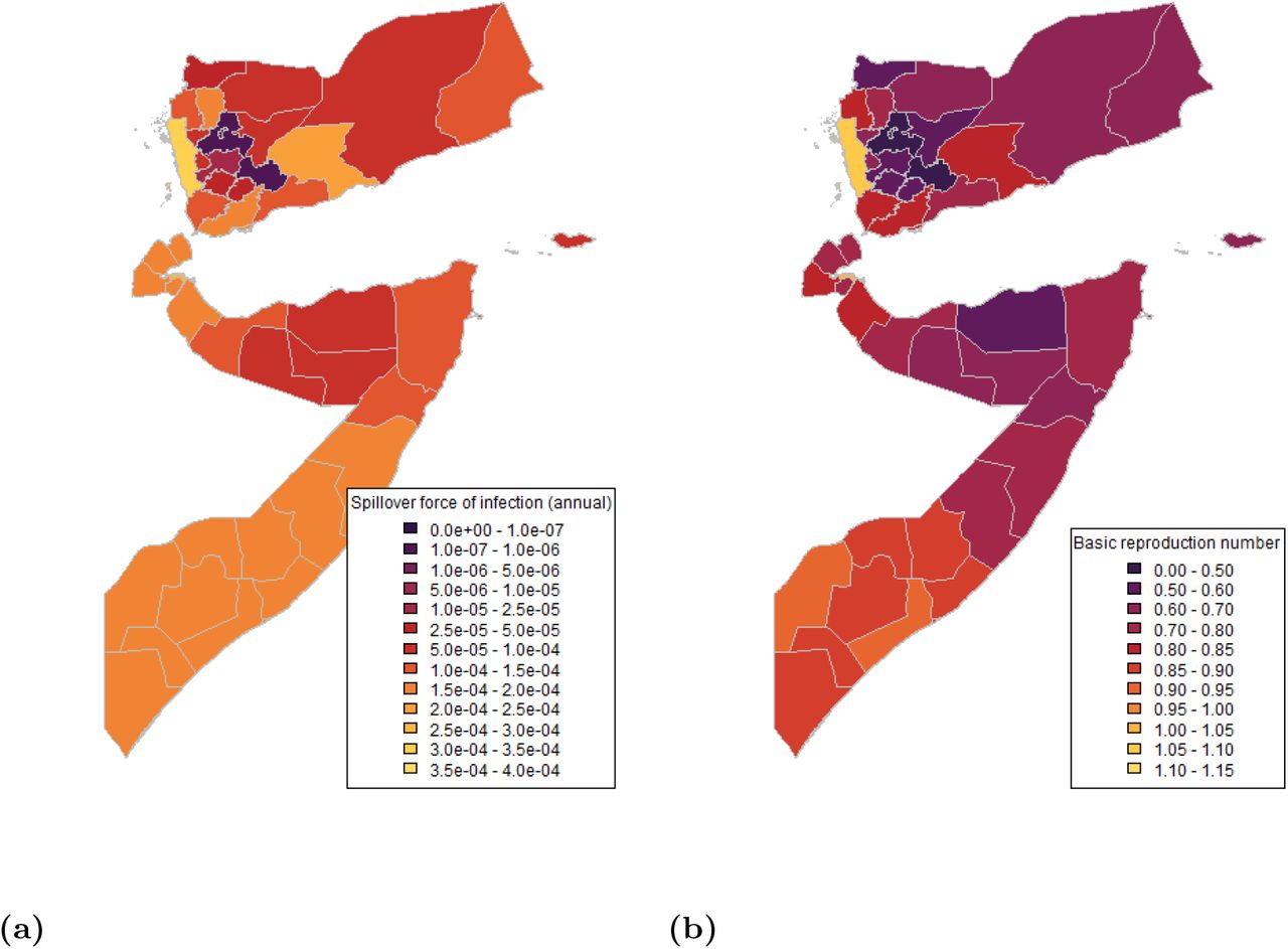 Median values of (a) annual force of infection for sylvatic spillover and (b) basic reproduction number for human-to-human transmission in first-level subnational administrative regions of Djibouti, Somalia and Yemen, calculated from environmental covariates.