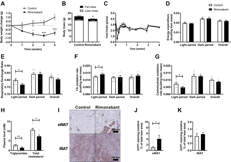 Rimonabant lowers plasma triglyceride and total cholesterol levels and stimulates white adipose tissue browning. Female APOE∗3-Leiden.CETP mice were fed a Western-type diet with or without supplementation of the cannabinoid type 1 receptor inverse agonist rimonabant for 4 weeks. A: Body weight was monitored weekly. B: Body composition was determined after 4 weeks of treatment. C: Food intake was measured throughout the entire intervention period. In the fourth week, mice were single housed in calorimetric cages to determine O2 consumption and CO2 production from which (D) energy expenditure, (E) respiratory exchange ratio, (F) FA oxidation rate, and (G) carbohydrate oxidation rate were calculated and expressed per gram lean mass. H: Plasma triglycerides and total cholesterol were determined in 4-h fasted blood plasma samples. Mice were sacrificed, and subcutaneous WAT (sWAT) and interscapular brown adipose tissue (iBAT) were collected, (I) stained, and (J, K) quantified for uncoupling protein 1 (UCP1). Data are presented as mean ± SEM and individual data points. ∗P < 0.05, ∗∗P < 0.01, and ∗∗∗P < 0.001.