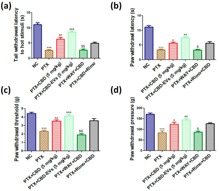 Effect of CBD and CBD-EVS on neurobehavior of PTX-induced neuropathic mice. Bar graphs represent (a) Hot immersion test (b) Hargreaves plantar test, (c) Vonfrey test, and (d) Randall selitto test; values are expressed as mean ± SEM (n = 3). *** p < 0.001 vs. NC, ^ p < 0.05, ^^ p < 0.01 and ^^^ p < 0.001 vs. PTX (8 mg/kg), $ p < 0.05 and $$ p < 0.01 vs. PTX + CBD (5 mg/kg). NC: untreated age-matched mice, PTX: mice received (8 mg/kg/day) on alternate days for four injections cumulatively, PTX + CBD (5 mg/kg): 5 mg/kg CBD (i.p.) injected twice a week for six weeks after the last PTX injection, PTX + CBD-EVs: 5 mg/kg of CBD loaded in hUCMSCs-derived EVs (i.p.) injected twice a week for six weeks after the last dose of PTX injection, PTX + WAY + CBD: 10 mg/kg/day, i.p., WAY100135 (5HT1A receptor inhibitor) was given to mice for four weeks and three hours before administering CBD, PTX + CBD + RIMO: 3 mg/kg/day, i.p., rimonabant (CB1 receptor blocker) was given to mice for four weeks and three hours before administering CBD.