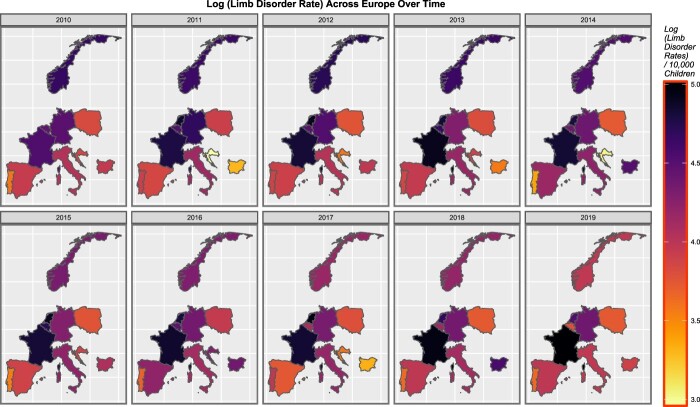 Time sequential map graph of log rates of limb anomalies across Europe for studied nations