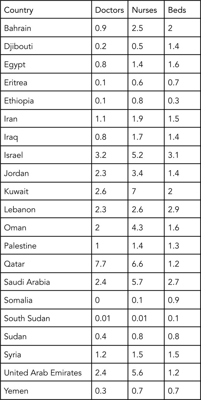Number of doctors, nurses, and beds per 1,000 inhabitants by country in the MERS-CoV virus model. Data from the World Bank, the WHO, and national ministries of health.