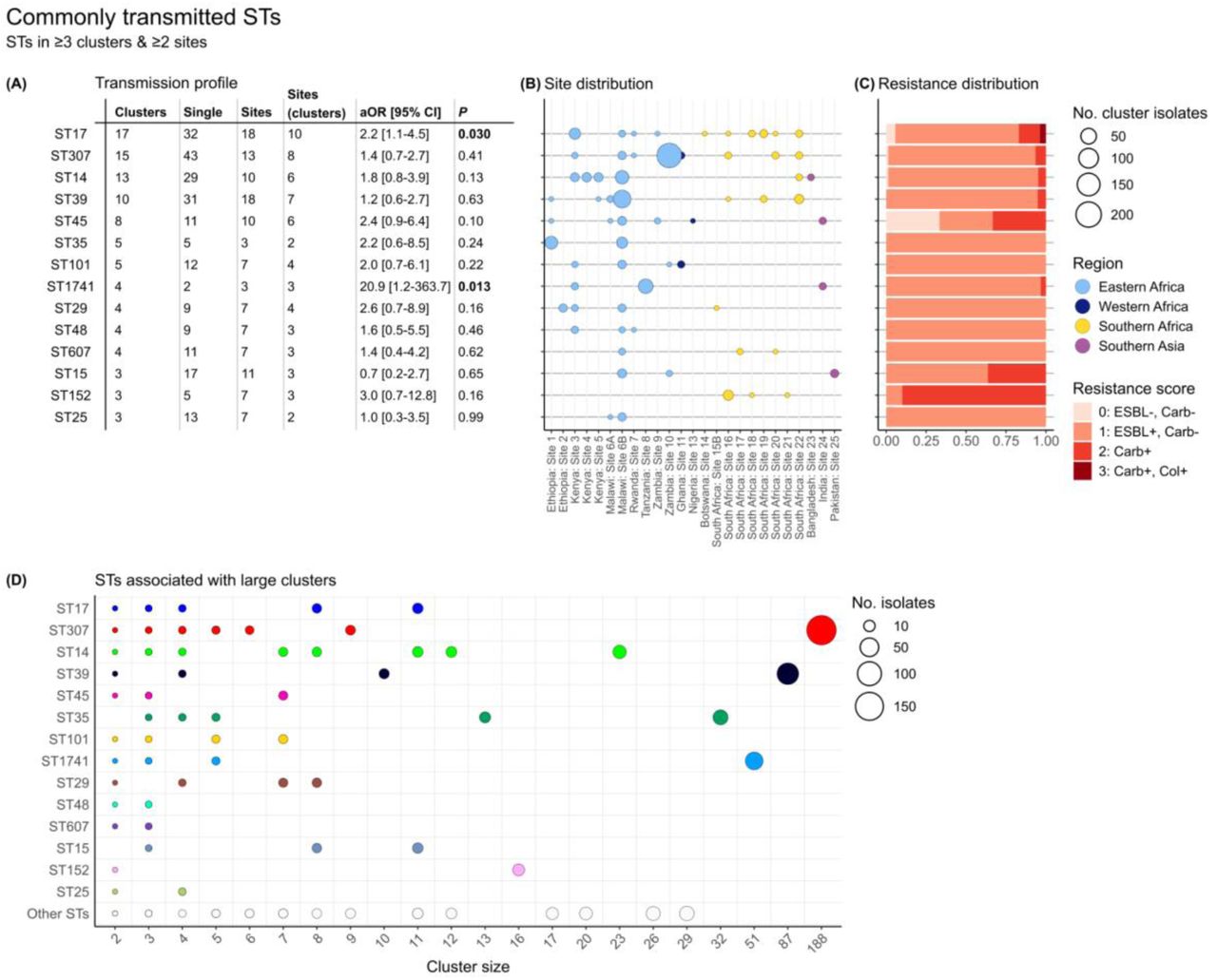 Commonly transmitted K. pneumoniae STs.(A) Transmission profile showing number of clusters, number of singleton cases, total number of sites the STs were detected, number of sites where the STs were part of transmission clusters, their adjusted odds ratios compared to other STs in a logistic regression model to assess association with transmission, and corresponding p-values (columns from left to right). P-values for STs with a significant association with transmission are formatted in bold (see Methods for details of the logistic regression analysis). (B) Site distribution of cluster isolates. Points are coloured to indicate geographical region and sized to indicate number of clustered isolates per site. (C) Resistance distribution (proportion) of cluster isolates. Resistance scores are as reported by Kleborate based on the presence or absence of extended-spectrum beta-lactamase genes (ESBL), carbapenemase genes (Carb), and/or colistin resistance determinants (Col). (D) ST composition of large clusters. Points are coloured to indicate the 14 commonly transmitted STs and sized to indicate the number of isolates, as per the figure legend.