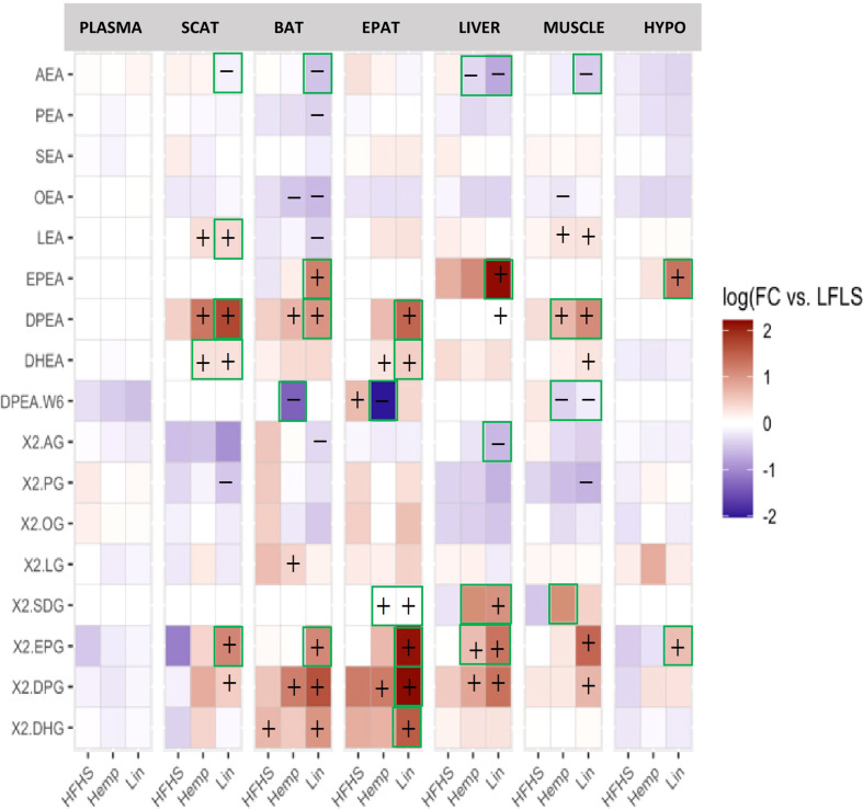 eCBome bioactive lipid mediator levels in plasma, brown adipose tissue (BAT), epididymal adipose tissue (EPAT), subcutaneous adipose tissue (SCAT), hypothalamus (HYPO), liver, and muscle. Statistically significant differences between the high-fat high sucrose groups (HFHS, Hemp, or Lin) versus the LFLS group are indicated with a “+” (increase in expression) or “−” (decrease in expression); p < 0.05. Green boxes indicate significant differences between Hemp or Lin and HFHS; p < 0.05.