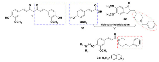 Design strategy for donepezil-ferulic acid-O-alkylamine hybrid compound 33, with potential clinical use against NDs.