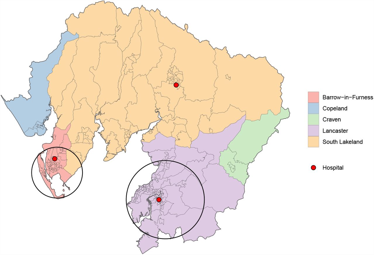 : Map of Morecambe Bay area shaded by local authority. Black circles show the approximate area of influence of the Morecambe Bay Respiratory Network.