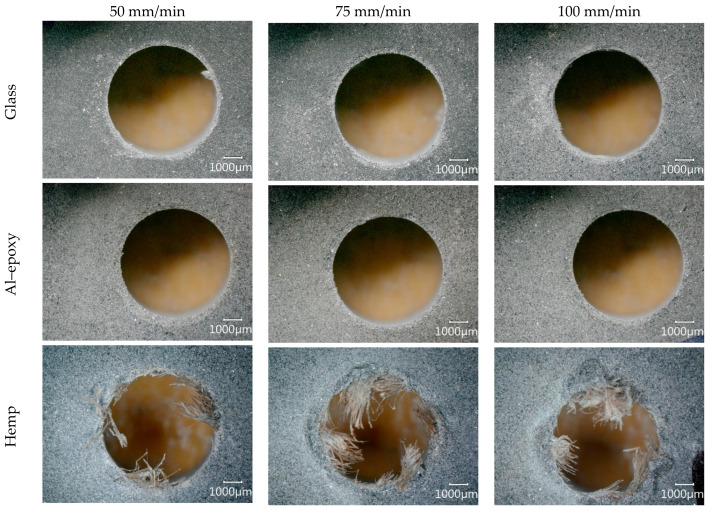 Hole exit images obtained during tests at a spindle speed of 3000 rpm.