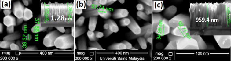 FESEM images with cross-sectional views (inset) of the ZnO nanorods grown on (a) glass, (b) PET and (c) Si substrates at 95 °C for 3 h, respectively.