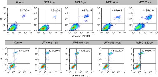 Evaluation of apoptosis by Annexin V-FITC/IP staining, followed by flow cytometry analysis. Representative plots of Annexin V-FITC/IP staining of PC-3 cells cultured in the presence of increasing concentrations of MET or JWH-015 are shown. Data showing the percentage of late apoptotic cells (upper right quadrant) are the mean±s.e. of three different experiments, each performed in duplicate. *P<0.05 and **P<0.01 using Student's t-test for the comparison between vehicle-treated and cannabinoid-treated cells.