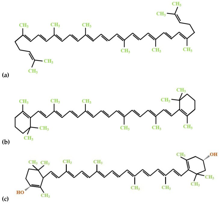 The chemical structure of the significant carotenoid constituents of tomato processing by-products: (a) lycopene; (b) β-carotene; (c) lutein.