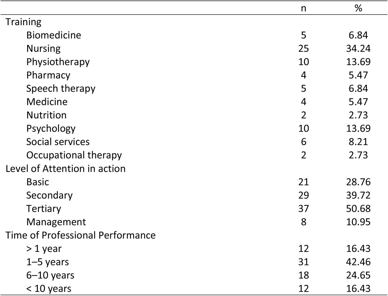 Professional training, level of healthcare, and length of service (n=73)