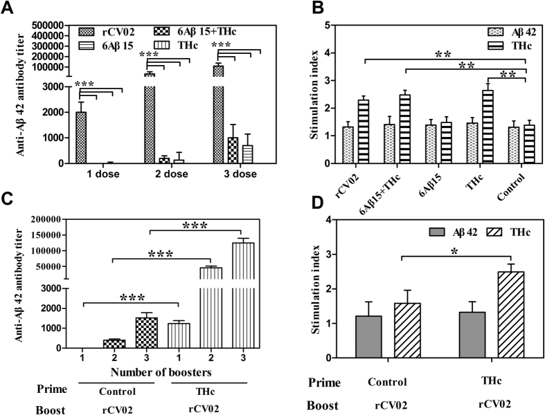 Immune mechanism underlying the effects of the tetanus toxin fragment (THc-C) of rCV02 as a carrier protein in 3 × Tg-AD mice.Titer of anti-Aβ42 antibodies (A) and T cell proliferation (B) were analyzed in 3 × Tg-AD mice immunized with different vaccines. The rCV02 vaccine induced strong Aβ-specific humoral immunity via help from foreign Th cells specific to the Th epitopes of THc-C. Titer of anti-Aβ42 antibodies (C) and T cell proliferation (D) were also analyzed in THc-immunized aged 3 × Tg-AD mice. Strong humoral and cellular immune responses to rCV02 were generated in THc-immunized aged 3 × Tg-AD mice. Data represent the mean ± SD (n = 8). Statistically significant differences were determined by ANOVA or Student’s t-test. * p < 0.05, **p < 0.01,***p < 0.001, compared with 6Aβ15 or the control group.