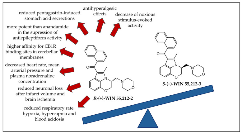 Chemical structures of R-(+)-WIN 55,212-2 and S-(−)-WIN 55,212-3 and their enantioselective effects observed in rats. CB1R: cannabinoid receptor 1.