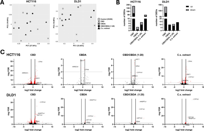 Principal component analysis and differentially expressed genes after treatment with cannabinoids and C.s. extract. A Principal component analysis plots of RNA-seq data from HCT116 and DLD1 colorectal cancer cells treated for 48 h with 10 μM of CBD, CBDA, CBD/CBDA (1:20), or C.s. extract. B Number of differentially expressed genes (DEGs) identified in each treatment condition, separated into upregulated (black) and downregulated (gray) genes, in HCT116 and DLD1 cells. C Volcano plots illustrating DEGs in each treatment group for both cell lines. Red dots above the horizontal threshold line indicate genes with false discovery rate (FDR) < 0.05. Genes outside the two vertical lines represent those with a log2 fold change (log2FC) >|1.0|