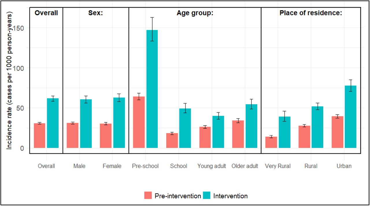 Incidence rates of any diagnosed skin disease; pre-intervention period (January–October 2023) versus intervention period (November 2023–September 2024)
