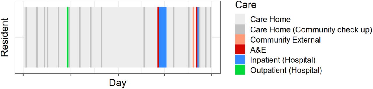 A 5-month sample of a single resident’s care trajectory, with coloured blocks for each day representing the care the resident received each day.