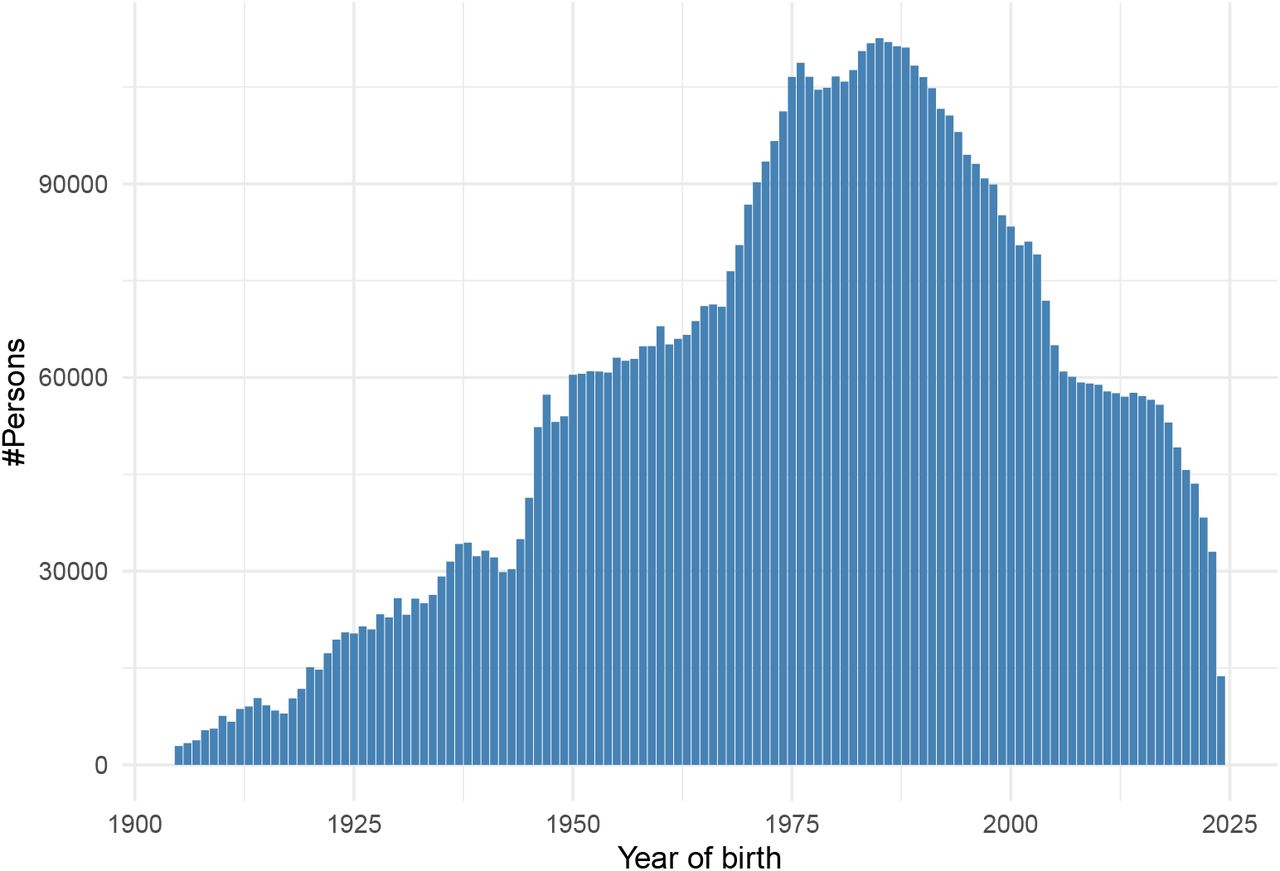 Number of persons by year of birth.Histogram of number of persons born in every year. from 1900 to 2025.