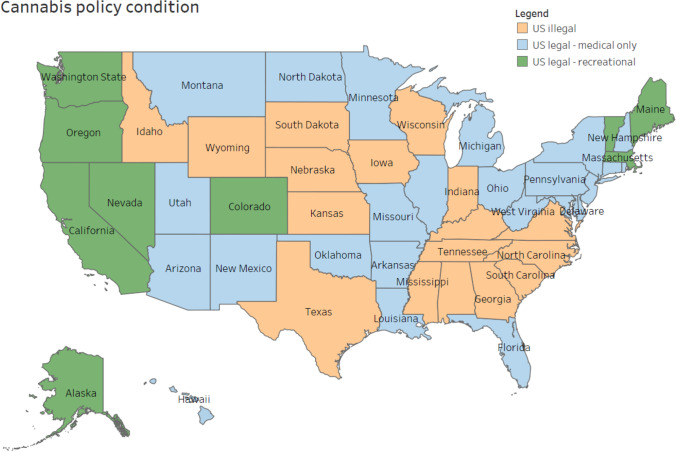 Map of cannabis policy conditions at the time of the survey in 2018: “US–illegal”, illegal for recreational use and no legal medical market; “US legal–recreational”, legal for both recreational and medical; “US legal–medical only”, legal medical market, but illegal for recreational use