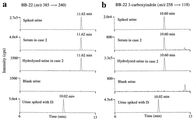 Selected reaction monitoring (SRM) chromatograms by liquid chromatography (LC)–QTRAP tandem mass spectrometry (MS/MS) for the detection of BB-22 (a), where the extracts from blank urine spiked with the reference standard at 1.0 ng/mL, the serum in case 2, the β-glucuronide-hydrolyzed urine in case 2, the blank urine and the blank urine spiked with the internal standard (IS) at 1.0 ng/mL are shown from the top to the bottom panel. The equivalent SRM chromatograms for the detection of BB-22 3-carboxyindole (b) for the blank urine spiked with the reference standard at 10 ng/mL, the serum in case 2, the hydrolyzed urine in case 2, the blank urine and the blank urine spiked with the IS at 1.0 ng/mL are shown. The collision energies for BB-22 and its 3-arboxyindole were 21 and 29 eV, respectively