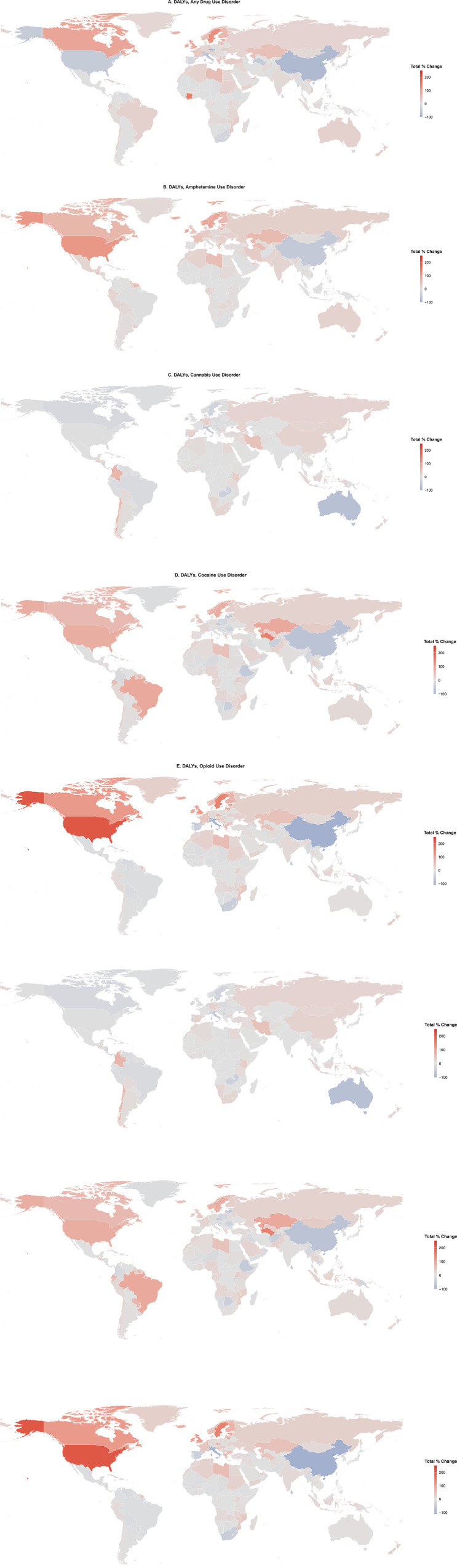 Percentage changes between 1990 and 2021 age-standardized DALY rates per 100,000 for drug use disorders, by drug type and country.