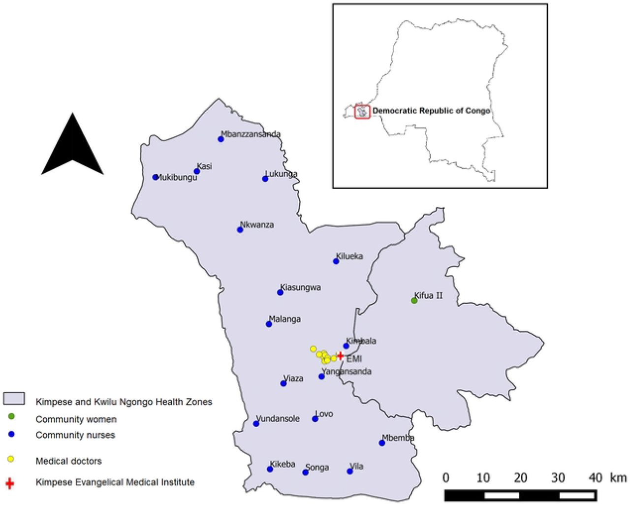 Study area showing locations of the study groups in Kongo Central, DRC.