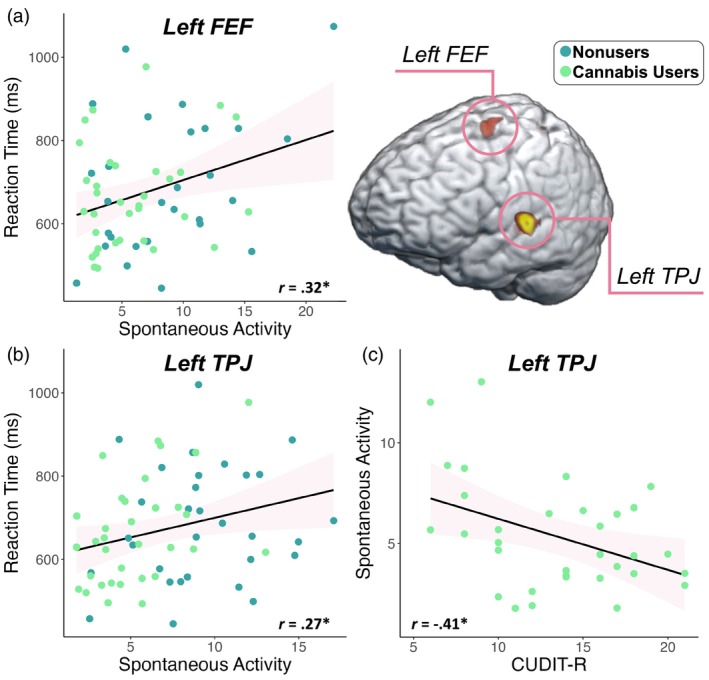 Spontaneous gamma activity scales with task performance and cannabis use metrics. (a) Weaker spontaneous gamma activity was associated with faster reaction times during the flanker task in the left frontal eye fields (FEF; p = .012) and (b) in the left temporoparietal junction (TPJ; p = .033). (c) Higher scores on the CUDIT‐R were associated with weaker spontaneous gamma activity in the left TPJ (p = .018). *p < .05. The pink area surrounding the trendline represents the standard error of the mean.
