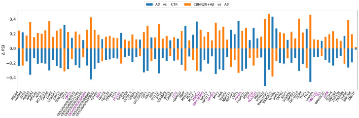 Histogram plot of each shared DASE ΔPSI value for Aβ vs. CTR (in blue) and CBNR20+Aβ vs. Aβ (in orange). In violet are the genes in which a de novo (unannotated) splicing variant has been detected.