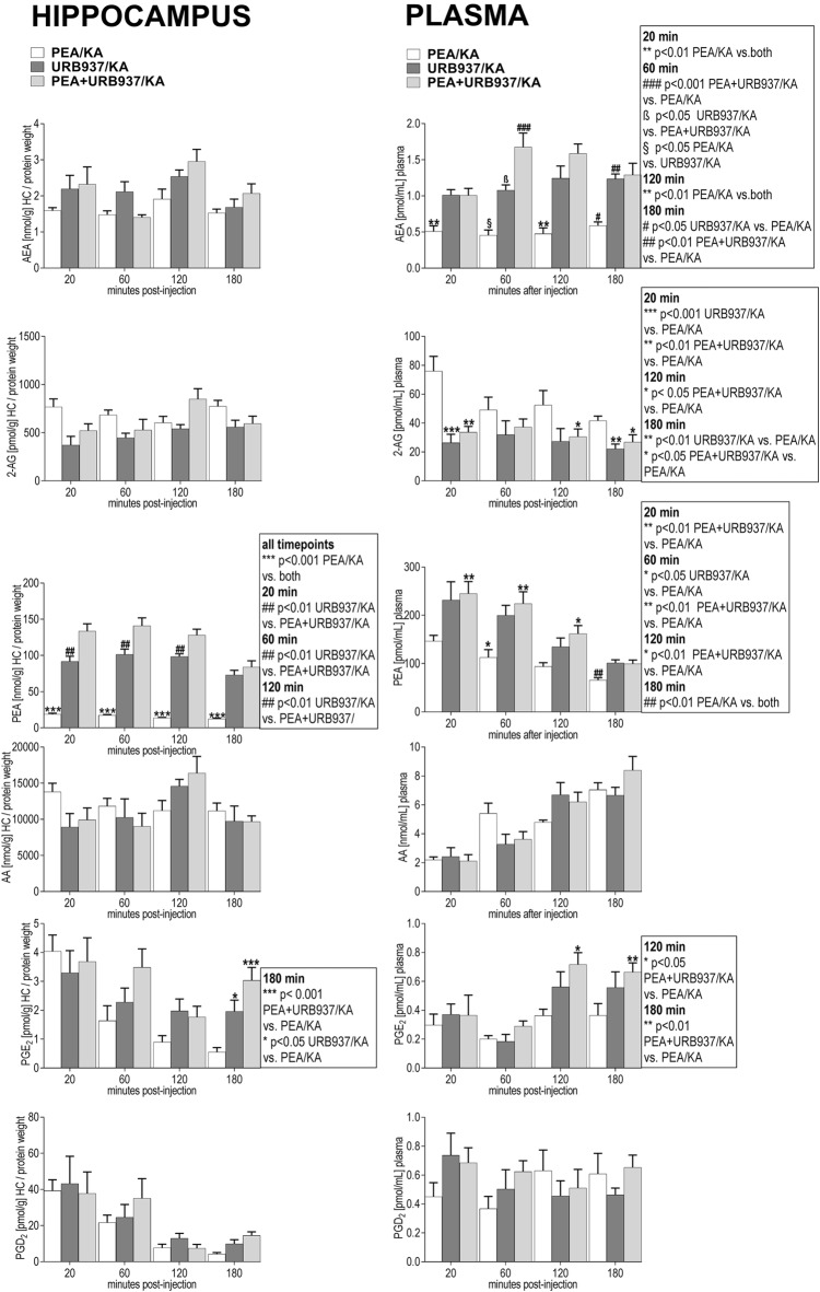 Impact of URB937 treatment on temporal dynamics of hippocampal and plasma lipid levels in KA induced epilepsy mouse model. AEA, 2-AG, PEA, AA, PGE2 and PGD2 were comparatively analyzed in URB937-treated mice (URB937/KA) vs. combined, PEA- and URB937-treated (PEA+URB937/KA), and acute PEA-treated (PEA/KA) mice at 20, 60, 120, 180 min post KA injection, respectively. Error bars indicate SEM and asterisks in the figures indicate significant differences, *P < 0.05, **P < 0.01, ***P < 0.001.